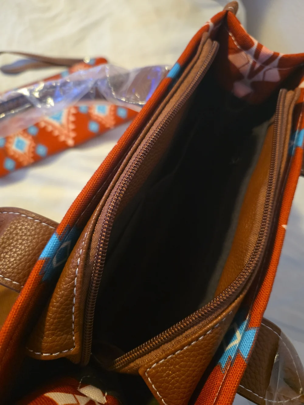 Red Aztec-Print Tote Bag with Brown Trim